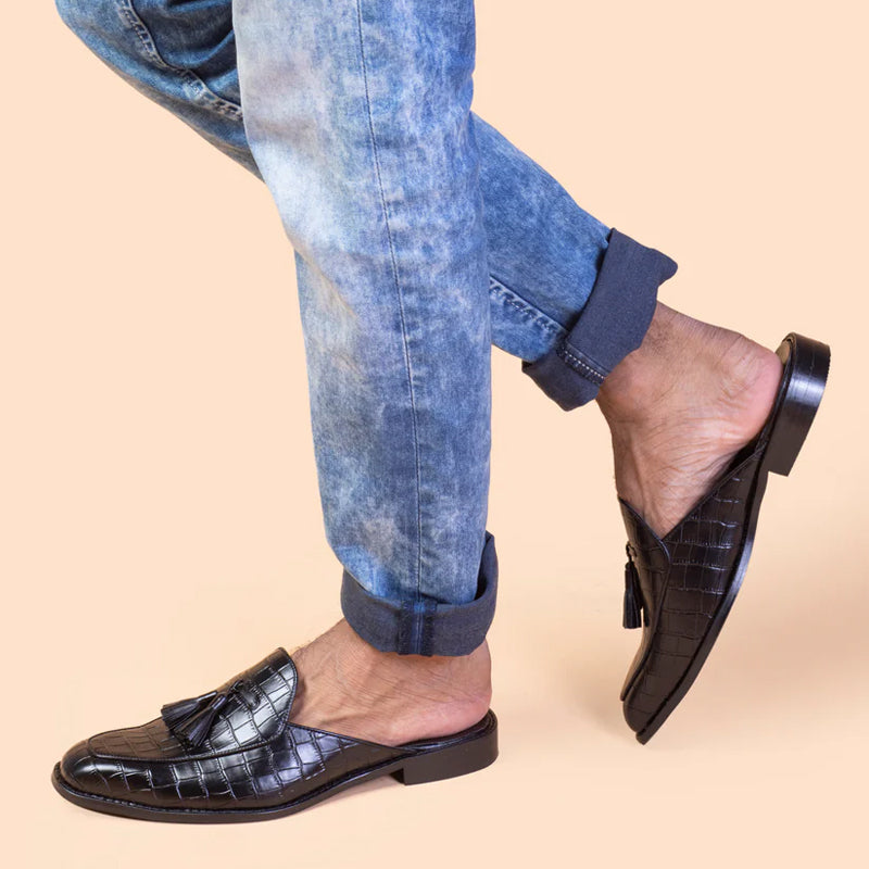 Croco Slip On Leather Mule Black