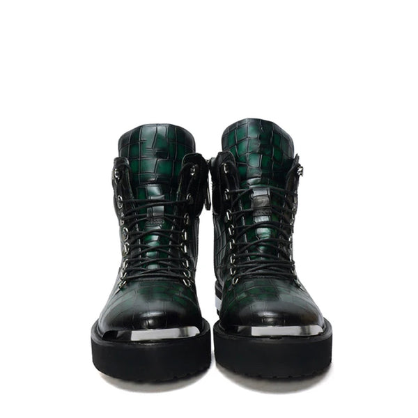 Croco Deep Cut Leather Lace UP Ankle Boot