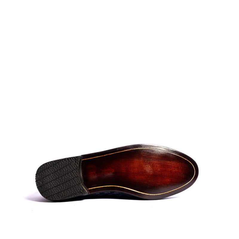 Pure Leather Weaved Horsebit Buckled Blue Loafer