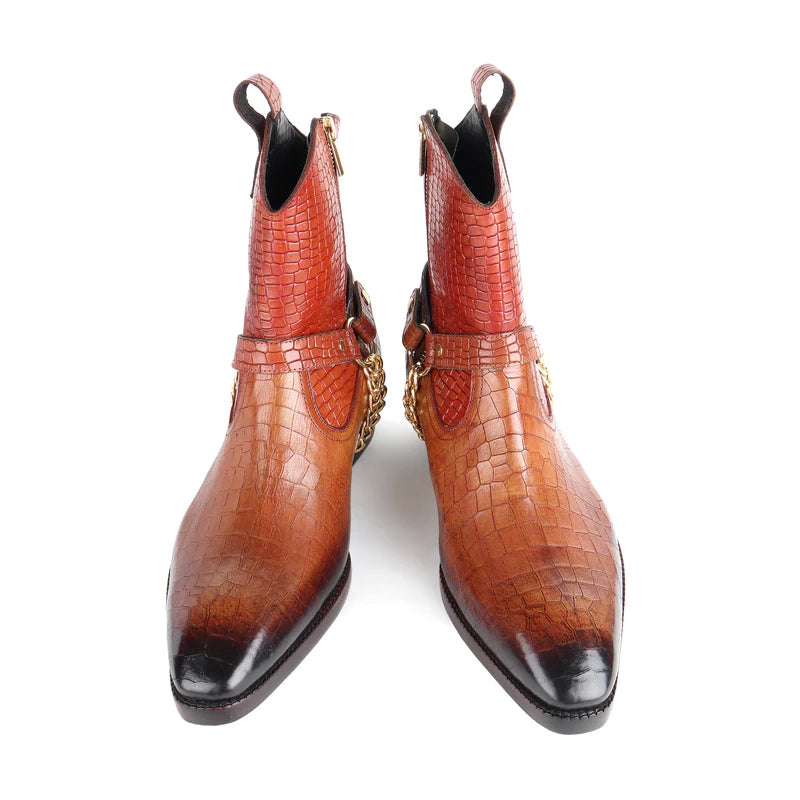 Croco Patina Leather Cowboy Chain Boots