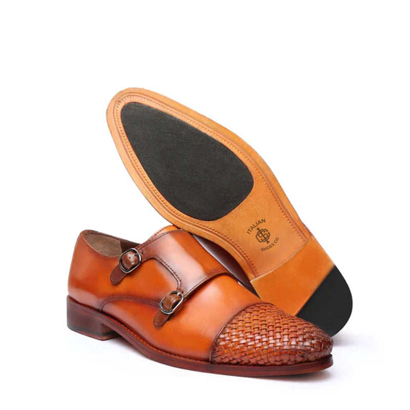 Double Monk Woven Leather Cap Toe Black Shoe