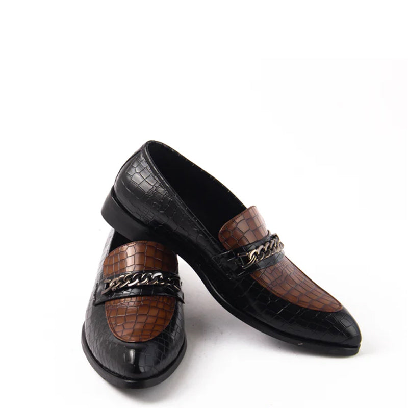 Classic Slip-On Croc Leather Loafers With Chain