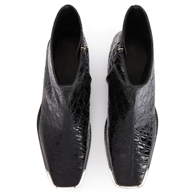 Croco Effect Mid Top Leather Side Zipper Boot Black