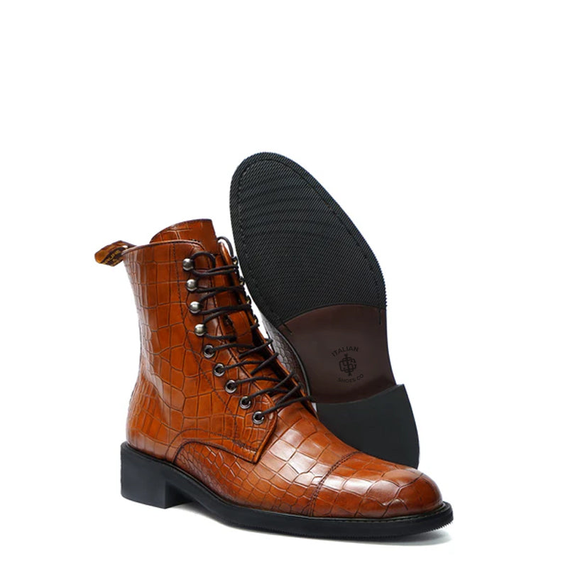 Croco Leather Lace-Up High Ankle Boot Black