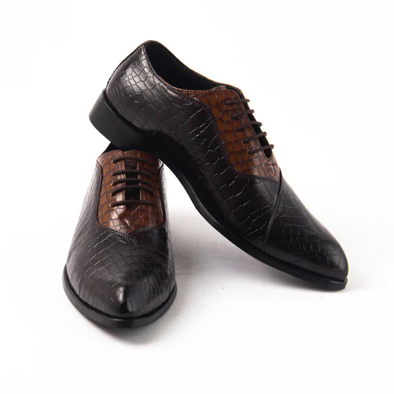 Classic Croco Pointed Toe Lace-Ups Oxford Shoe Tan and Brown