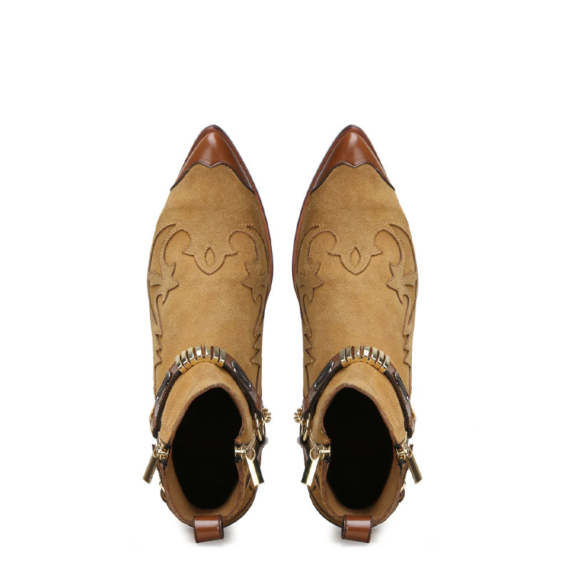 Luxury Stylish Leather Side Zipper Tan Boot With Chain