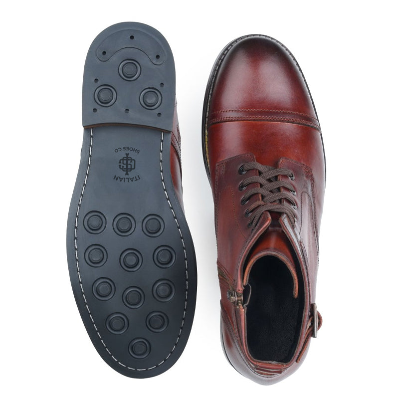 Men Solid High Buckle Leather Ankle Brown Boot