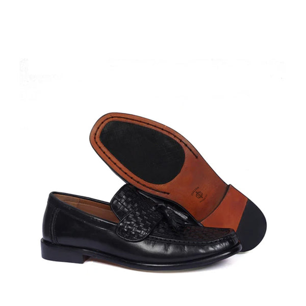 Weaved Solid Leather Tassel Loafers