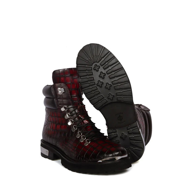Croco Deep Cut Leather Lace UP Ankle Boot