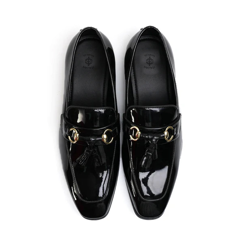 Patent Shiny Leather Horsebit Buckled Tassel Black Loafer