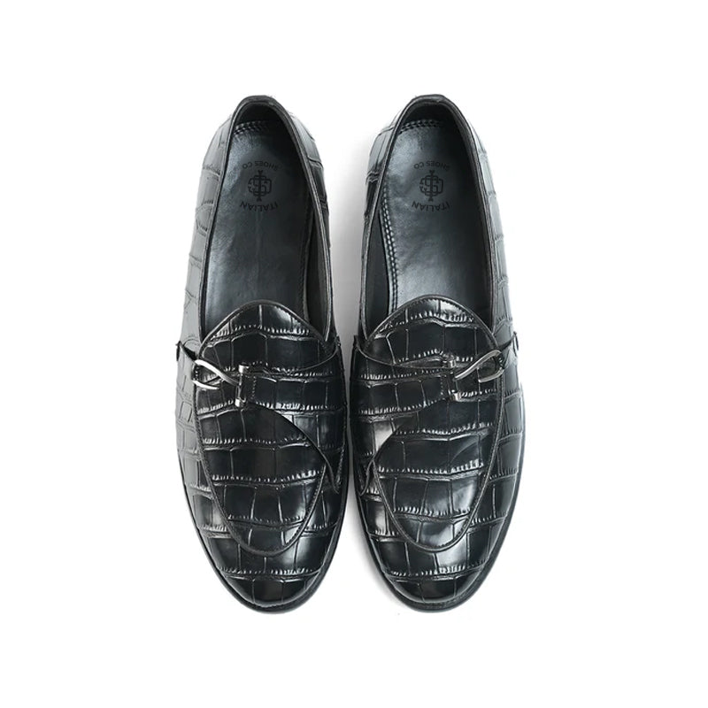 Croco Side Hook Leather Formal Black Loafer