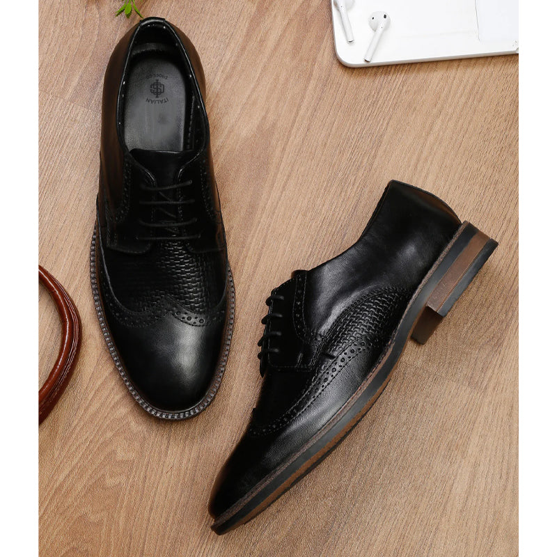 Men Solid Lace Up Leather Derby Shoes