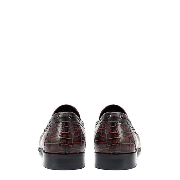 Crocodile Pattern Side Lacing Leather Tassel Loafer Burgundy
