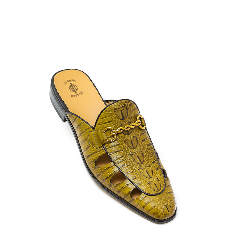 Embellished Textured Leather Mule Olive Green