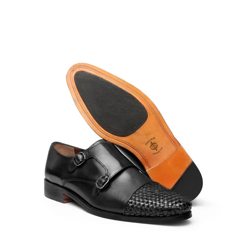 Double Monk Woven Leather Cap Toe Tan Shoe