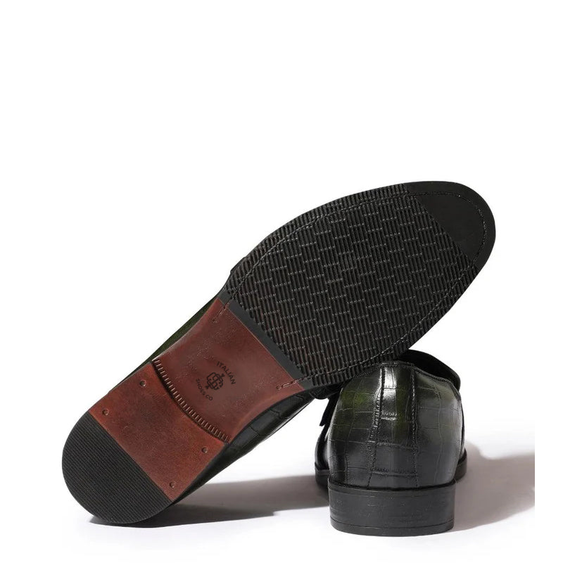 Croco Textured Leather Blue Loafer With Side Buckle