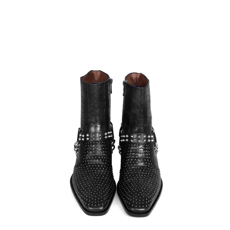 Croco With Silver Studded Buckle Side Zipper Chain Boots