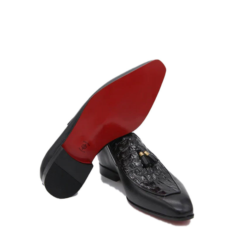 Croco Print Leather Tassel Black Loafer For Men