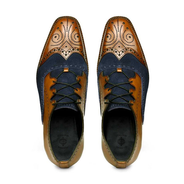 Criss Cross Wingtip Leather Oxford Shoe Tan and Navy
