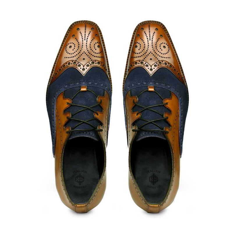 Criss Cross Wingtip Leather Oxford Shoe Tan & Navy