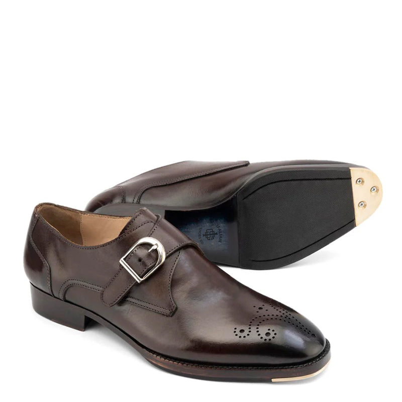 Glossed Square Toe Leather Single Monk Strap Shoe Brown