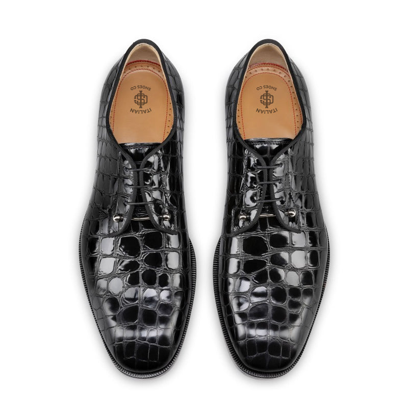 Croco Textured Leather Derby Black Shoe