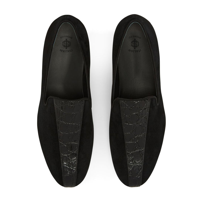 Croco Upper Suede Leather Black Loafer