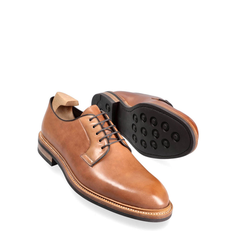 Plain Toe Polished Shiny Leather Derby Shoe Brown