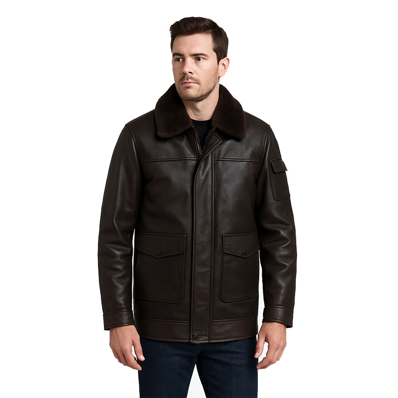 Men s Luxurious Black Front Pocket Jacket with Fur Collar
