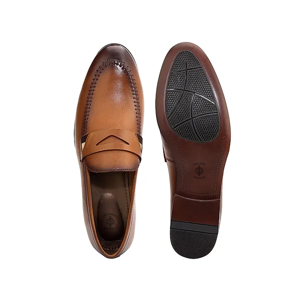 Men Round Toe Slip-On Leather Formal Tan Loafer