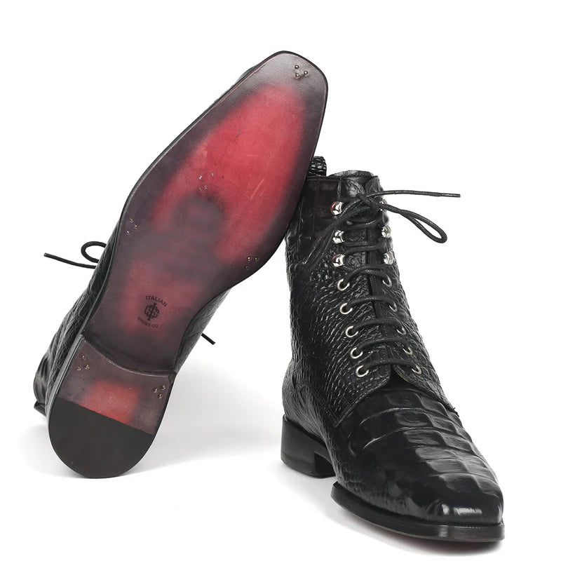 Men Croco Embossed Leather Lace Up Ankle Boots