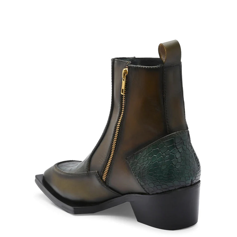 Luxury Croco Textured Leather Side Zipper Boot Green and Brown