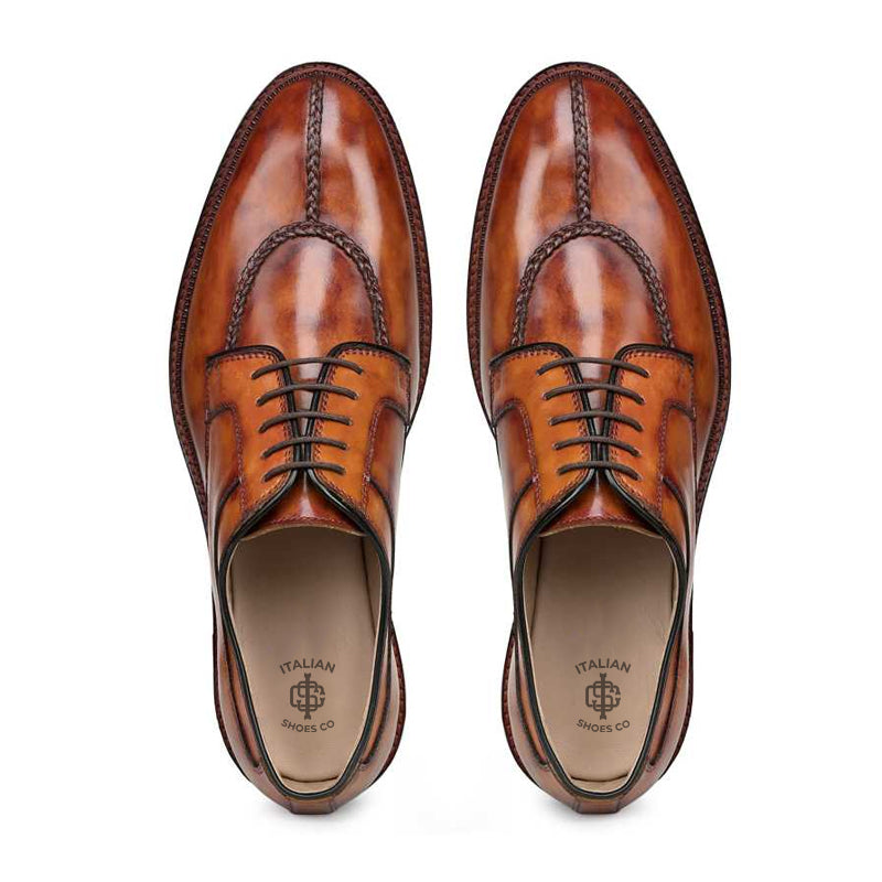 Polished Shiny Leather Split Toe Derby Shoe Tan