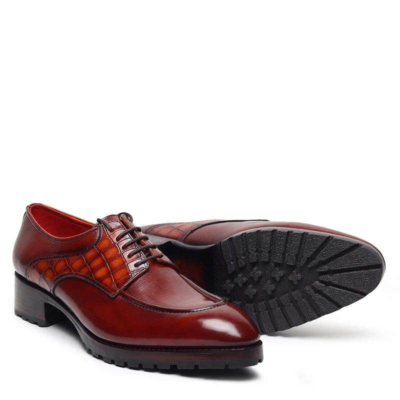 Patina Croco Textured Pattern Leather Derby Shoe Cherry