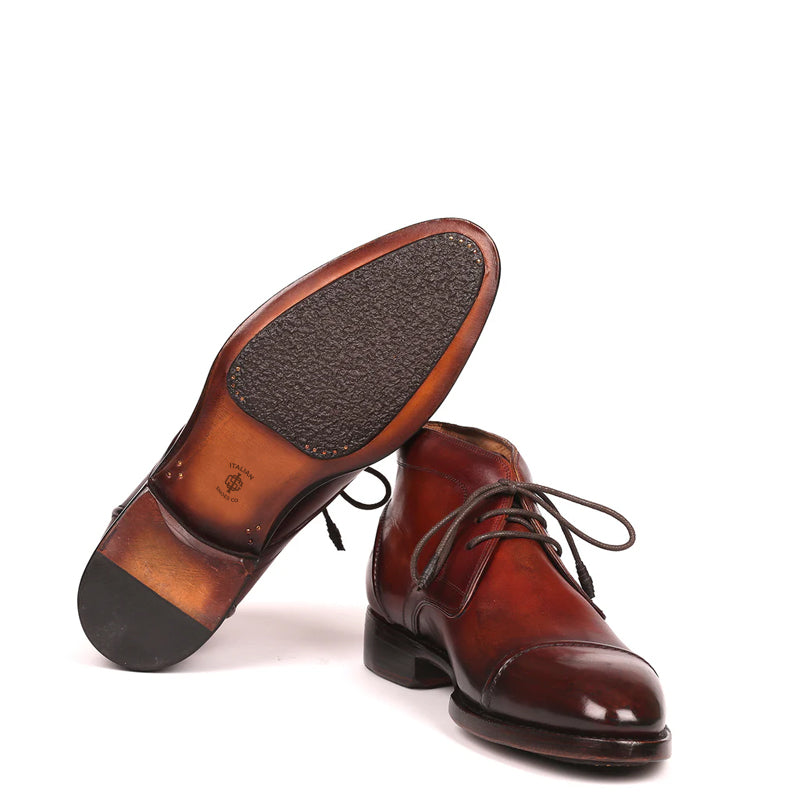 Polished Pure Leather Handpainted Cap-Toe Chukkas Brown Boot