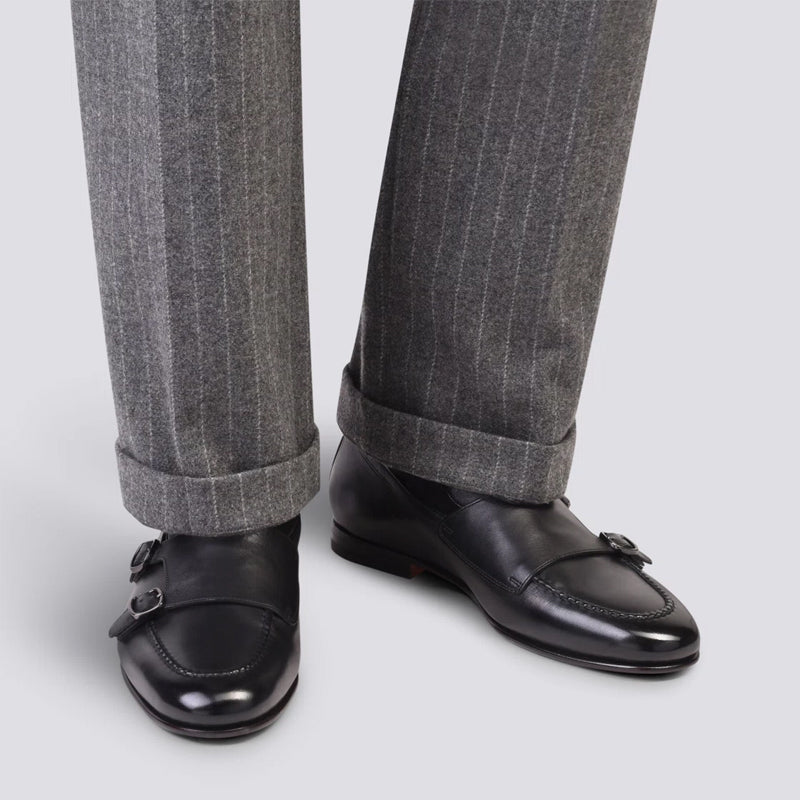 Men Polished Double Buckle Leather Monk Strap
