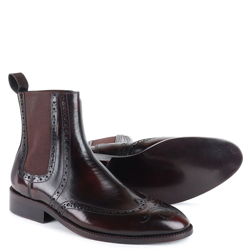 Wingtip Pure Leather Chelsea Burgundy Boot For Men