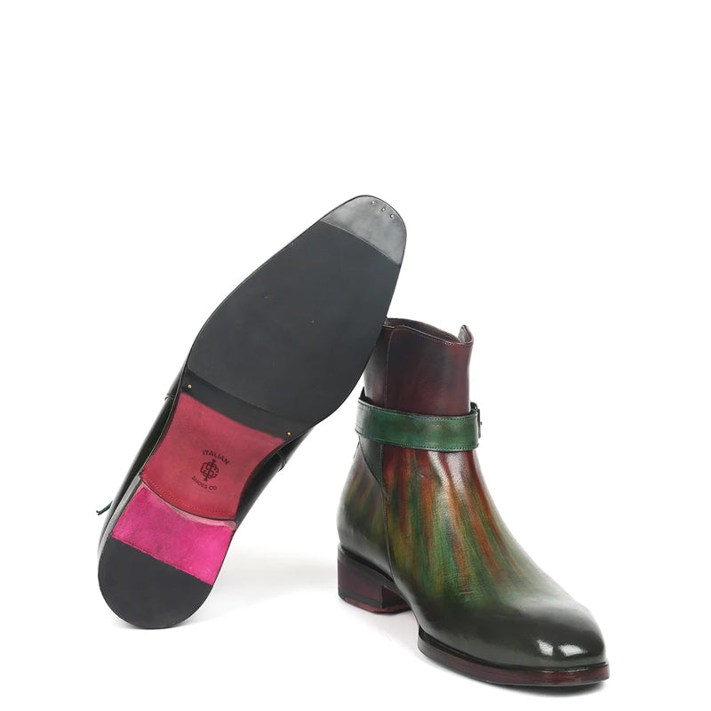 Hand Painted Leather Green and Burgundy Jodhpur Boot With Buckle