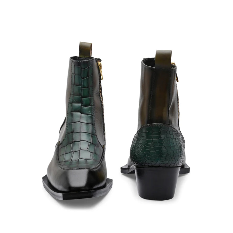 Luxury Croco Textured Leather Side Zipper Boot Green and Brown