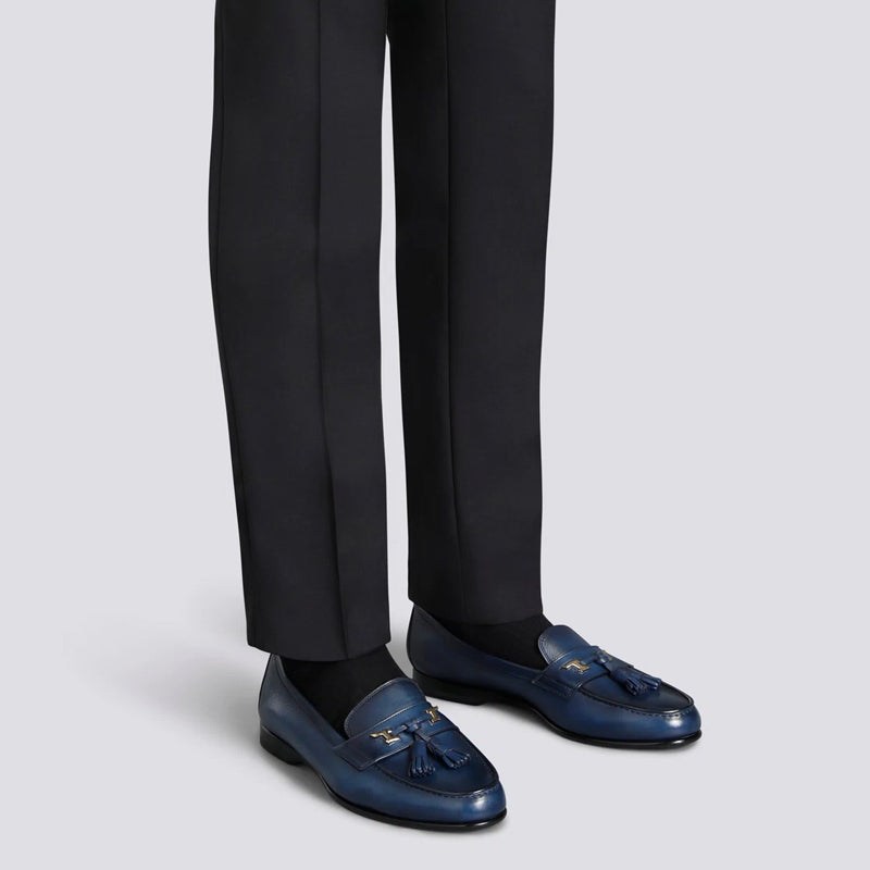 Polished Leather Tassel Blue Loafer For Men