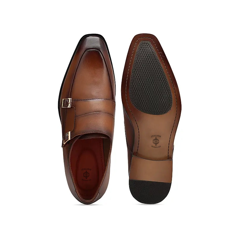 Plain Polished Leather Double Monk Shoe Tan