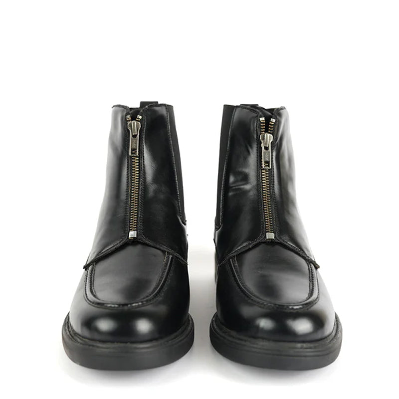 Polished Leather Front Zip-Up Black Boot For Men