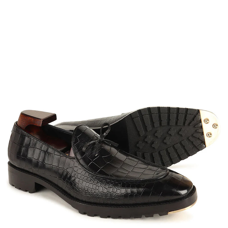 Croco Mirror Glossed Pure Leather Black Loafer