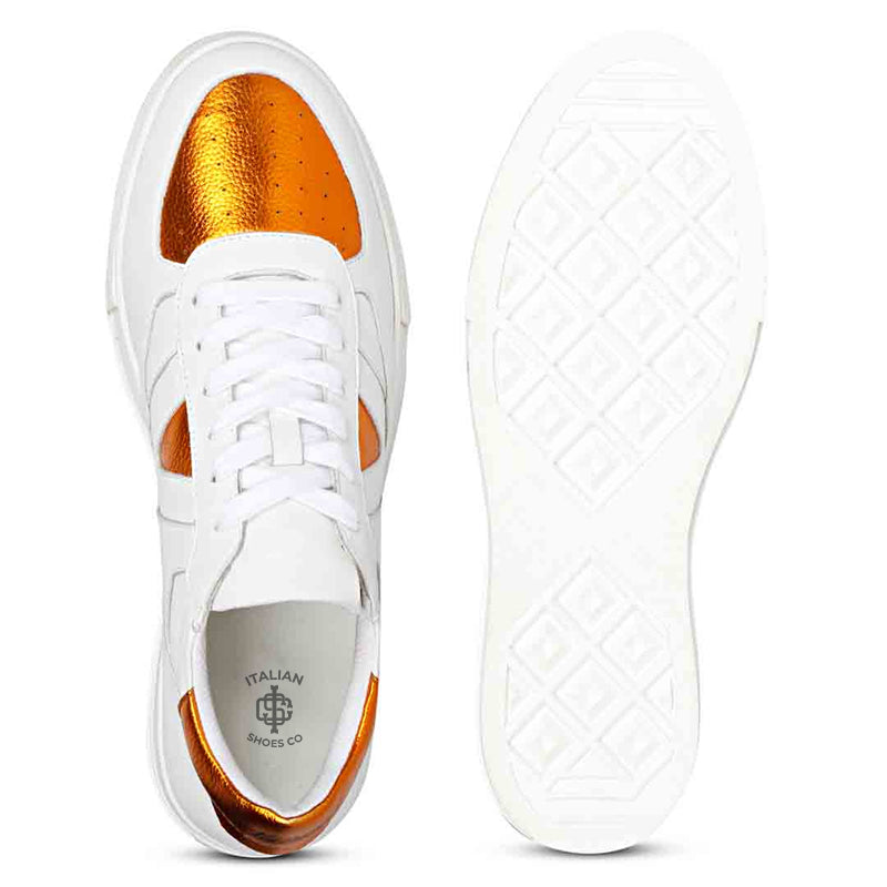 Leather Handcrafted White and Orange Sneaker For Men
