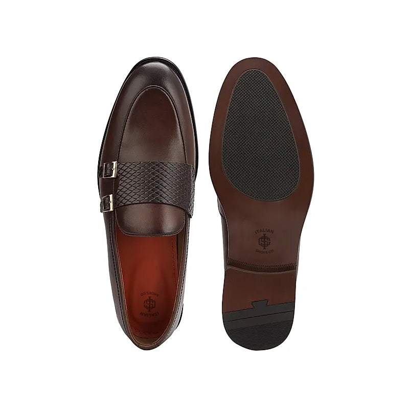 Polished Leather Textured Formal Double Monk Shoe Brown