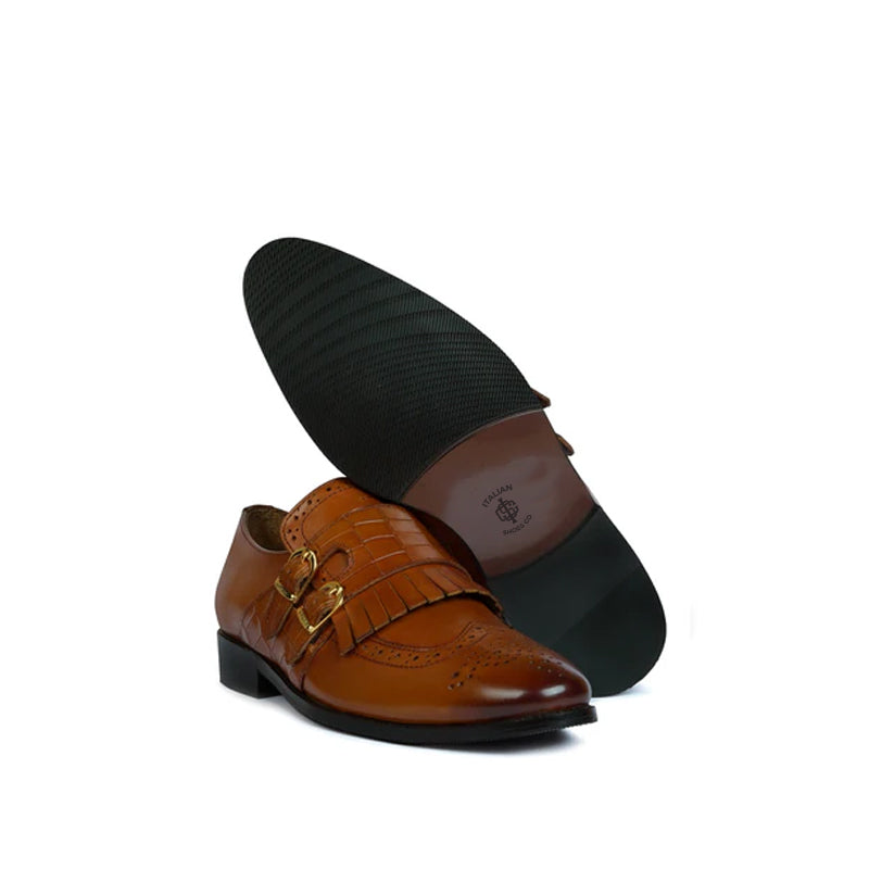 Croco Textured Double Monk Black Shoe with Fringes
