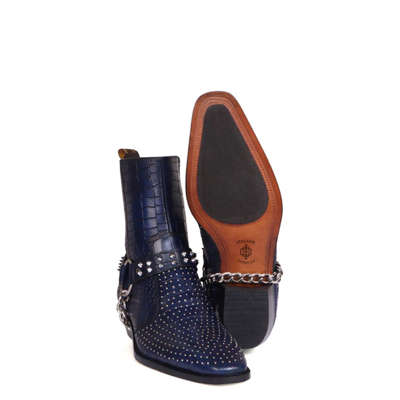 Croco With Silver Studded Buckle Side Zipper Chain Boots
