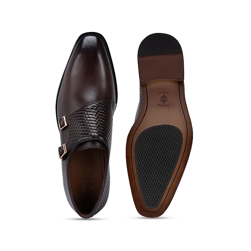 Polished Shiny Leather Textured Double Monk Shoe Brown