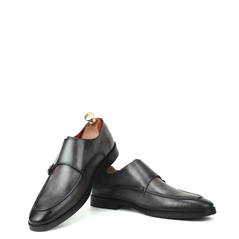Classic Solid Leather Double Monk Shoe Grey