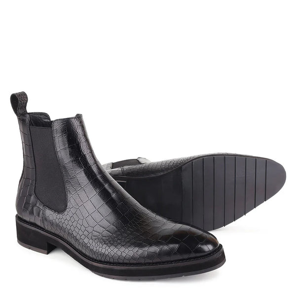 Men Solid Croco Print Leather Chelsea Boots